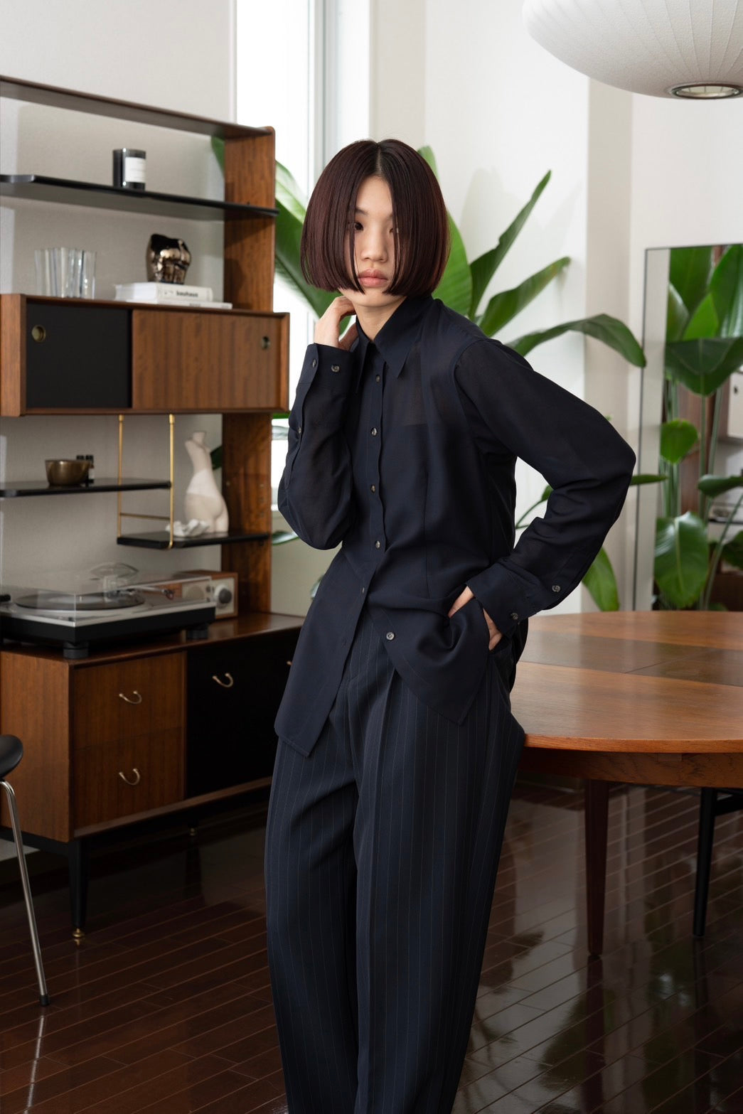 Stripe wide slacks - NAVY