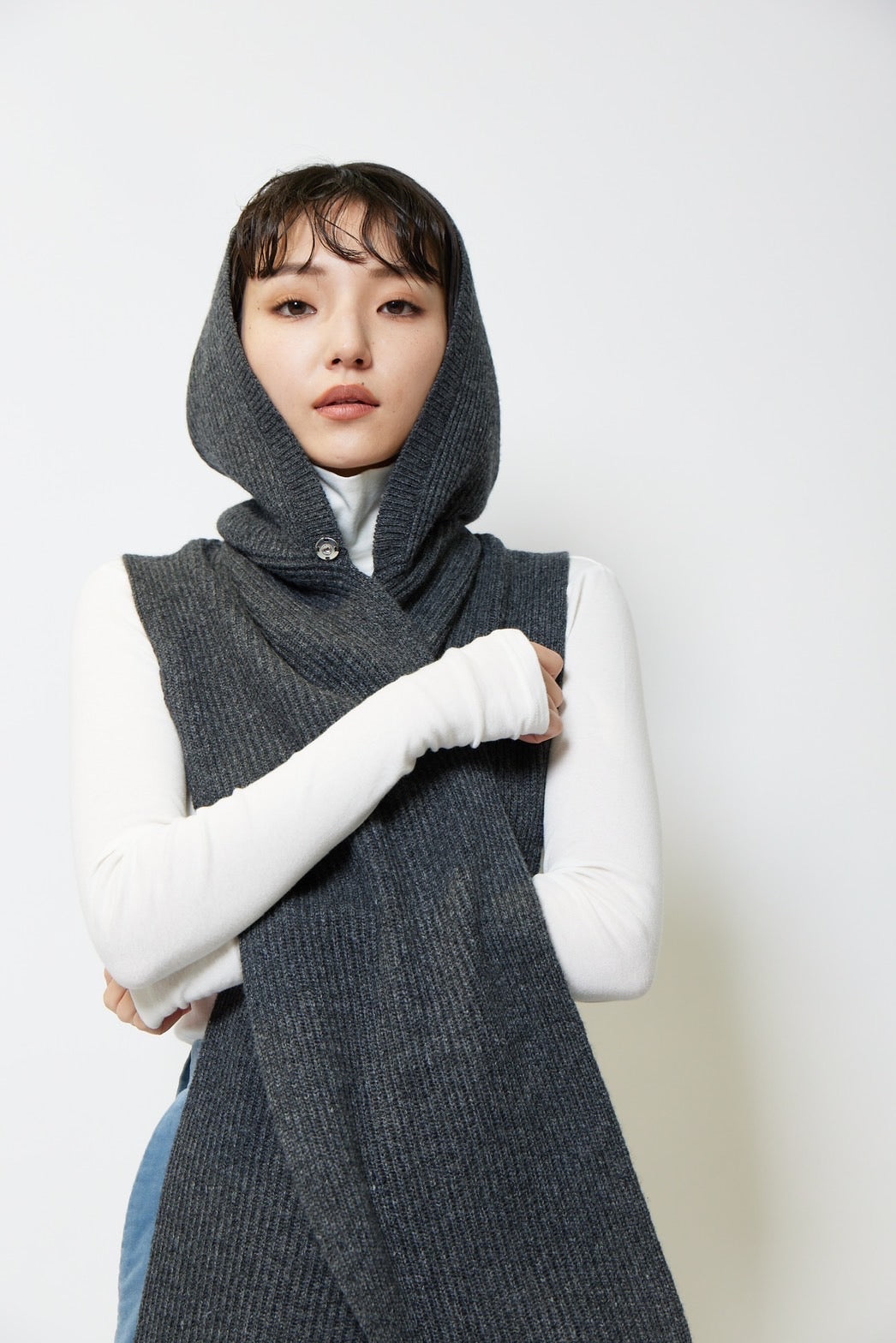 Knit hoodie muffler - CHARCOAL GRAY