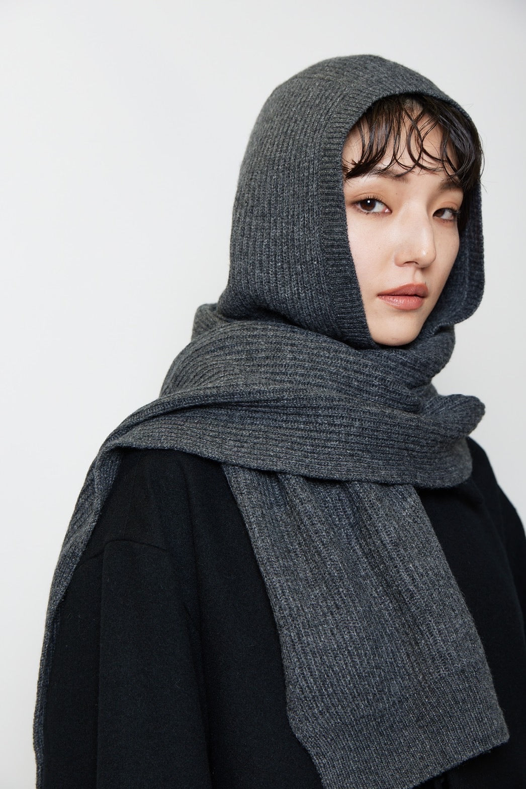 Knit hoodie muffler - CHARCOAL GRAY
