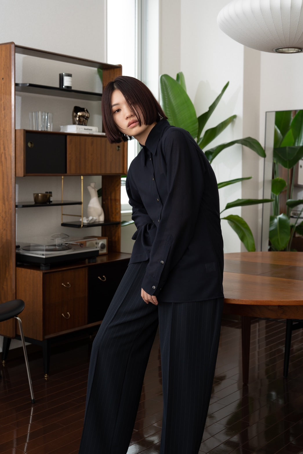 Stripe wide slacks - NAVY