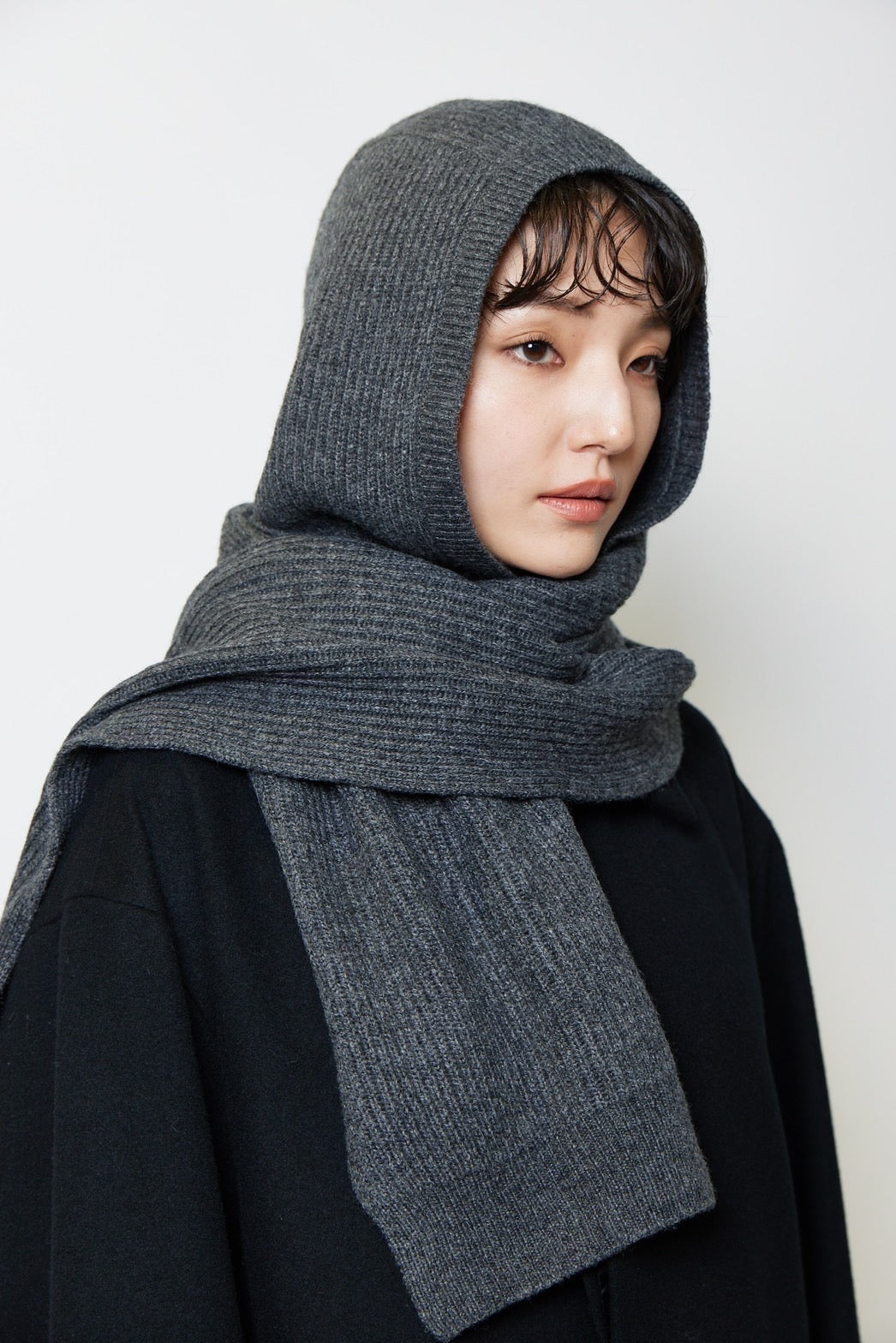 Knit hoodie muffler - CHARCOAL GRAY