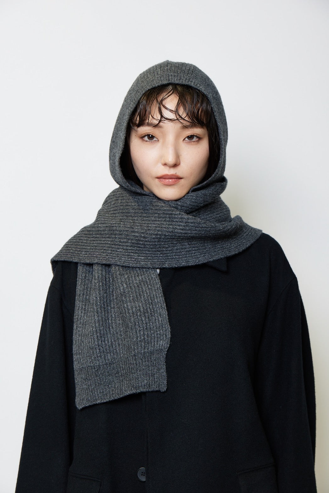 Knit hoodie muffler - CHARCOAL GRAY
