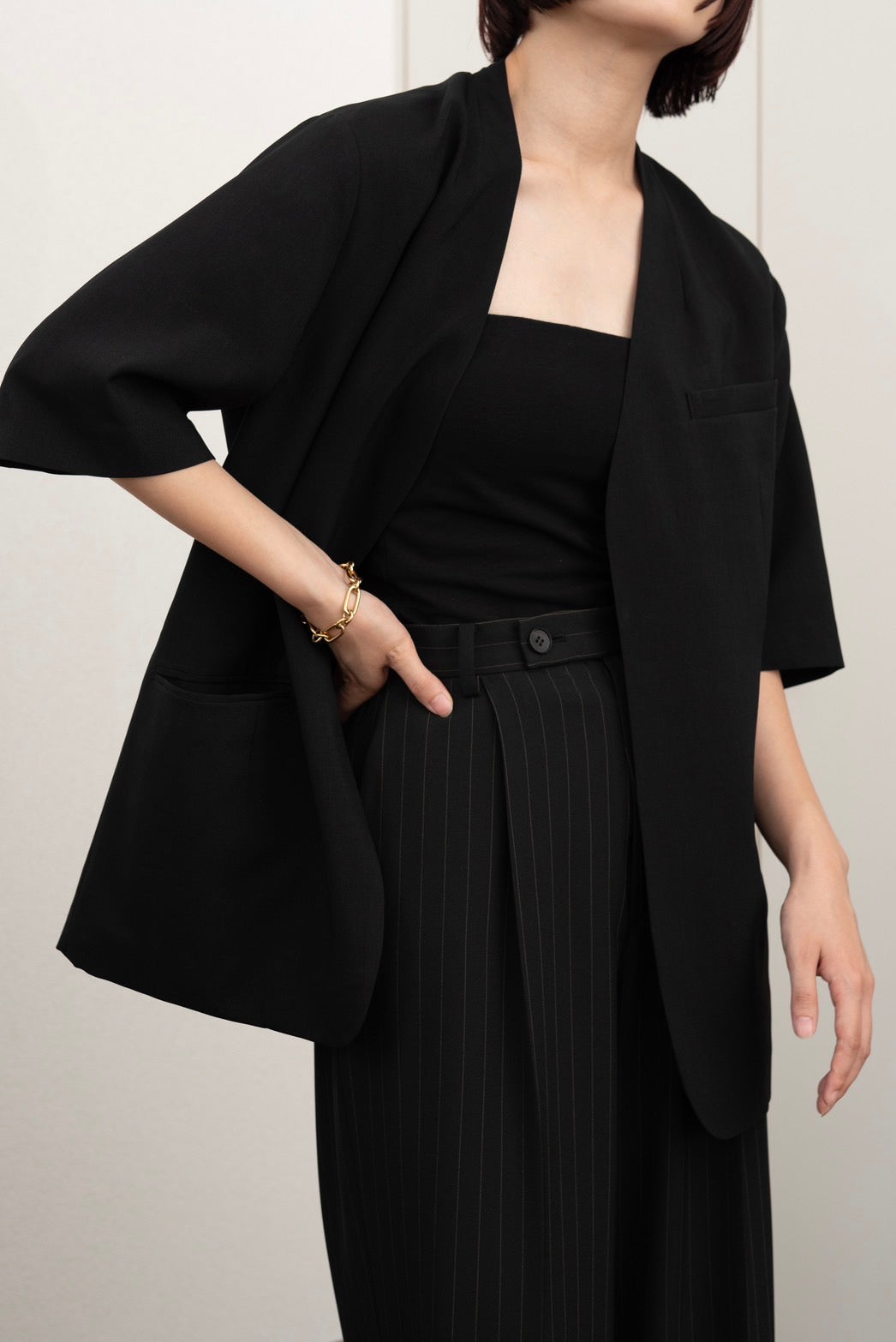 Stripe wide slacks - BLACK