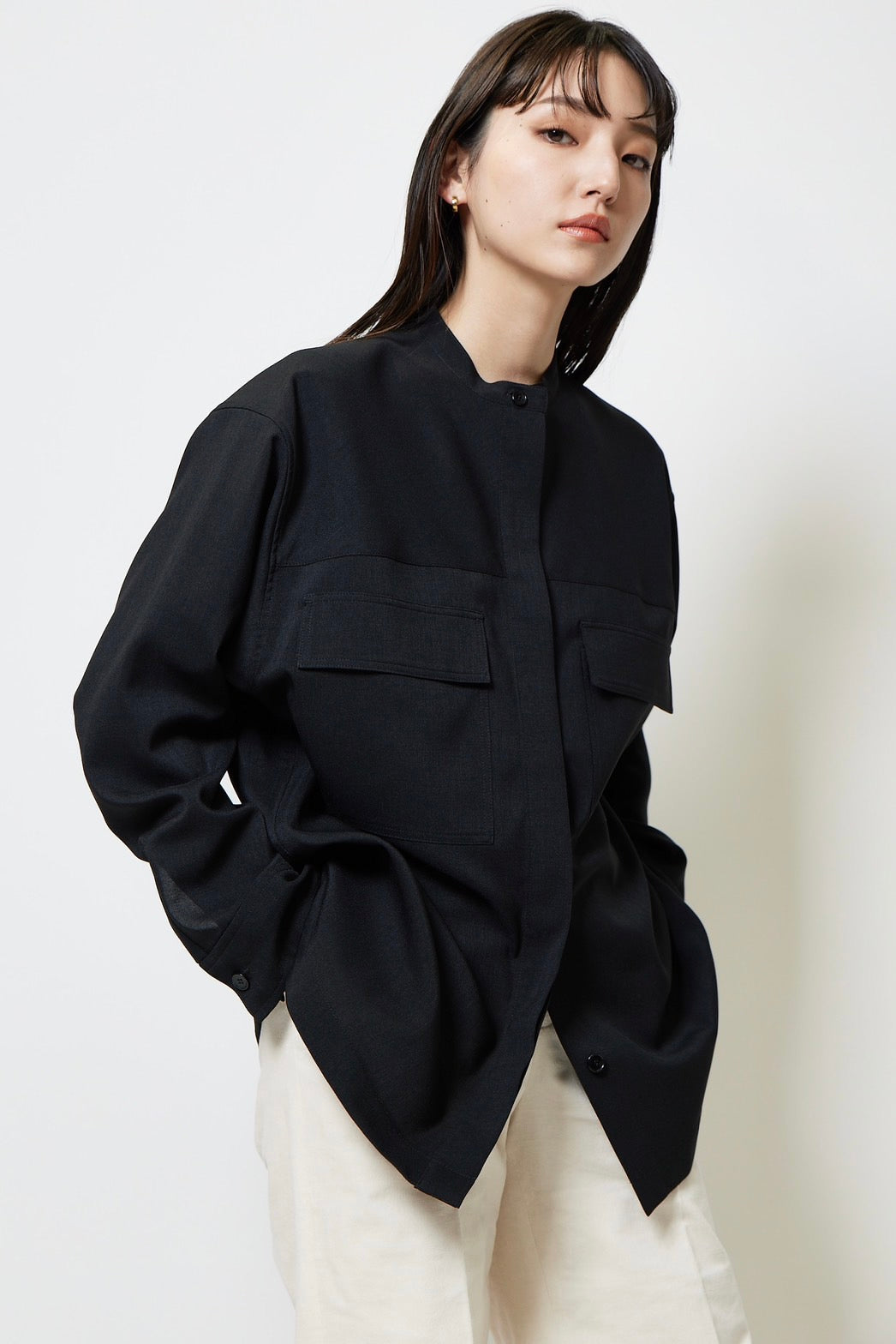 Collarless shirt - BLACK