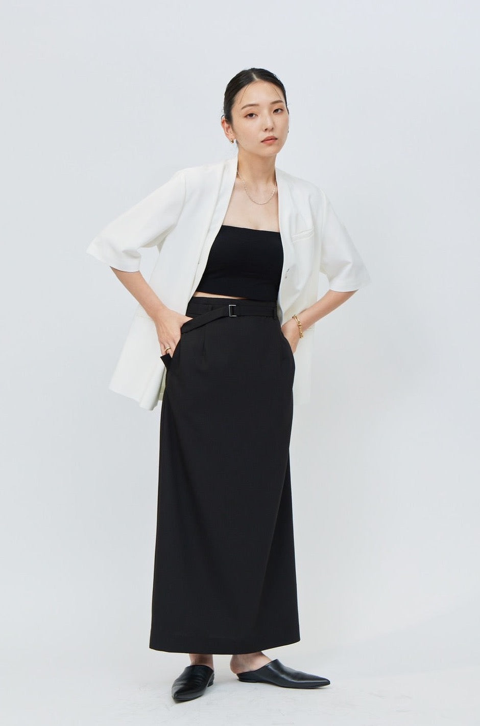 Belted Long Skirt - BLACK