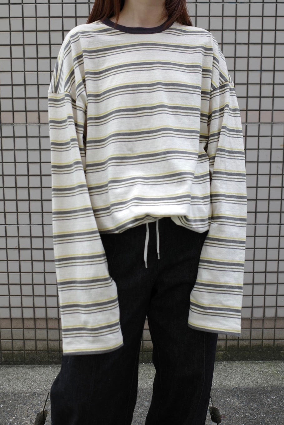 トップス NODAS Drawcord border c/s ecru brown TOPS – NŌDAS ONLINE STORE