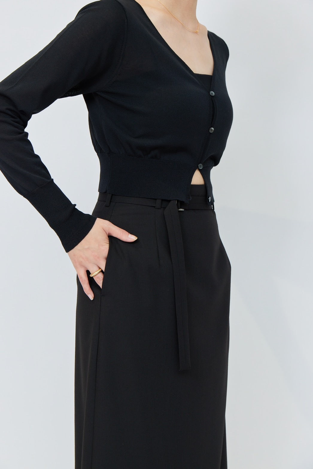 Belted Long Skirt - BLACK